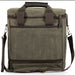 Olive green backpack with brown straps on a white background