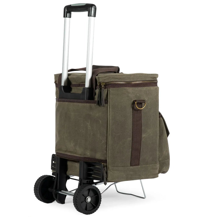 Olive green canvas shopping cart with wheels on a white background