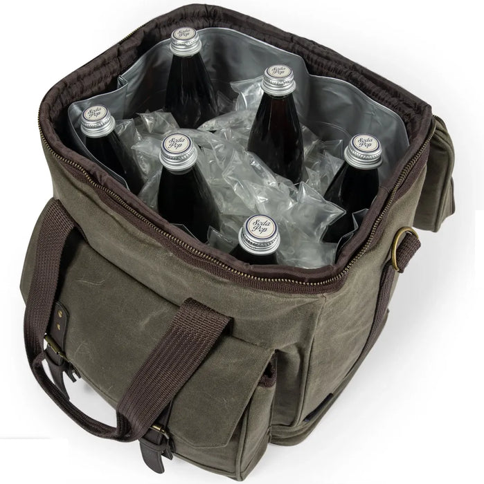 Green cooler bag with bottles and ice on a white background