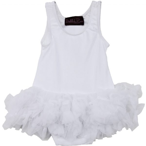A white sleeveless bodysuit with a tutu skirt for babies, with a snap bottom closure.