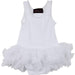 A white sleeveless bodysuit with a tutu skirt for babies, with a snap bottom closure.