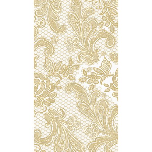 white and gold guest towels with intricate lace pattern and embossed texture displayed in a clear holder, elegant napkins for formal entertaining

