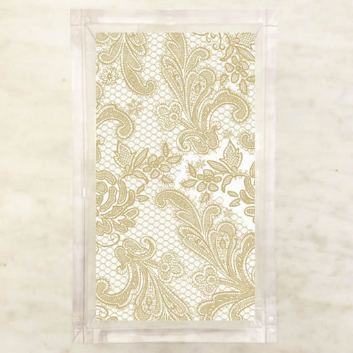 white and gold guest towels with intricate lace pattern and embossed texture displayed in a clear holder, elegant napkins for formal entertaining
