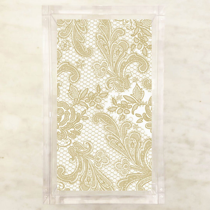white and gold guest towels with intricate lace pattern and embossed texture displayed in a clear holder, elegant napkins for formal entertaining
