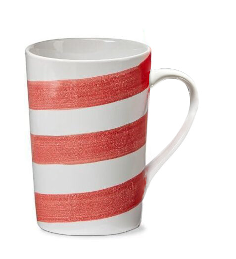 White mug with red striped pattern on a white background