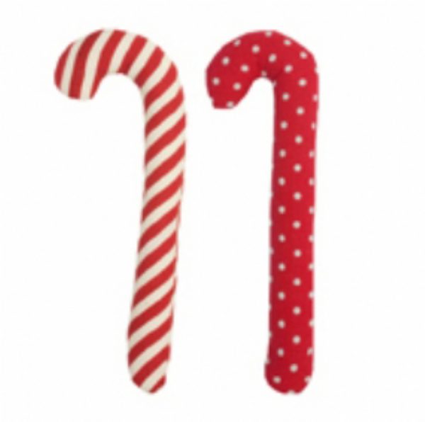 Two plush candy cane decorations, one with a striped pattern and the other with a polka dot pattern, on a white background.