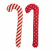 Two plush candy cane decorations, one with a striped pattern and the other with a polka dot pattern, on a white background.