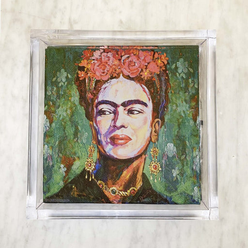 Frida lunch paper napkins featuring Frida Kahlo with a vibrant floral headpiece in a green background