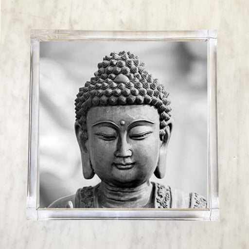 Printed napkin featuring a serene Buddha head design in black and white, perfect for adding a spiritual touch to table decor