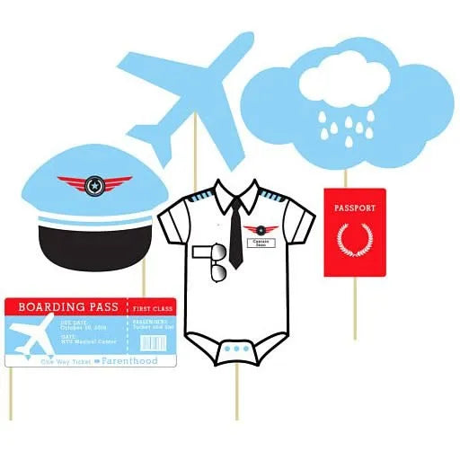 Airplane baby shower photo booth props with pilot hat, onesie, boarding pass and passport