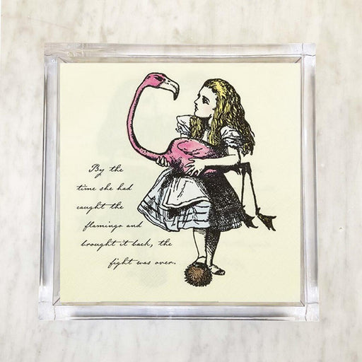 Alice in Wonderland Flamingo Luncheon Paper Napkin — vintage illustration of Alice holding flamingo croquet mallet with story quote