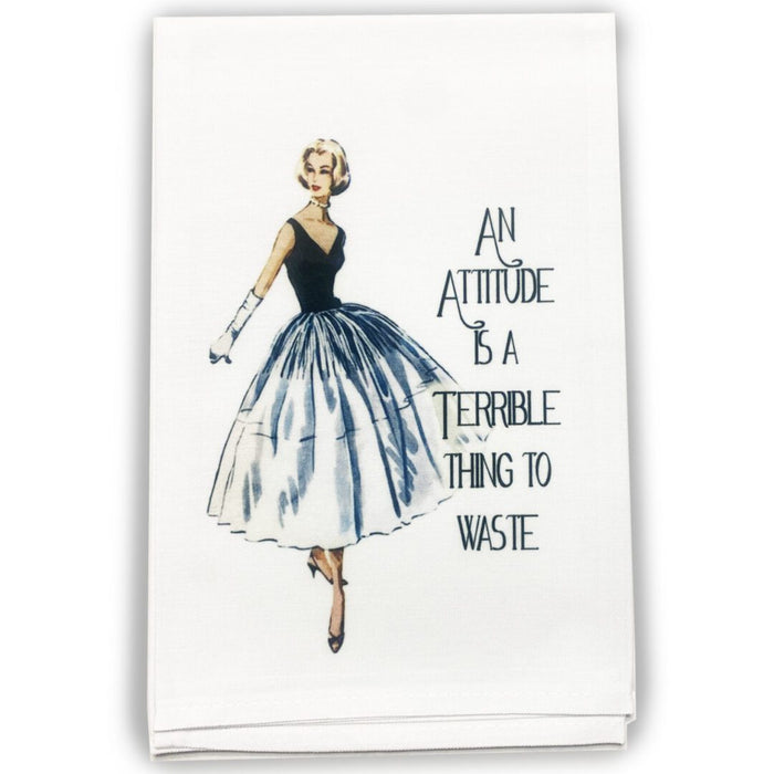 White cocktail towel with vintage woman artwork and the phrase An Attitude Is A Terrible Thing To Waste