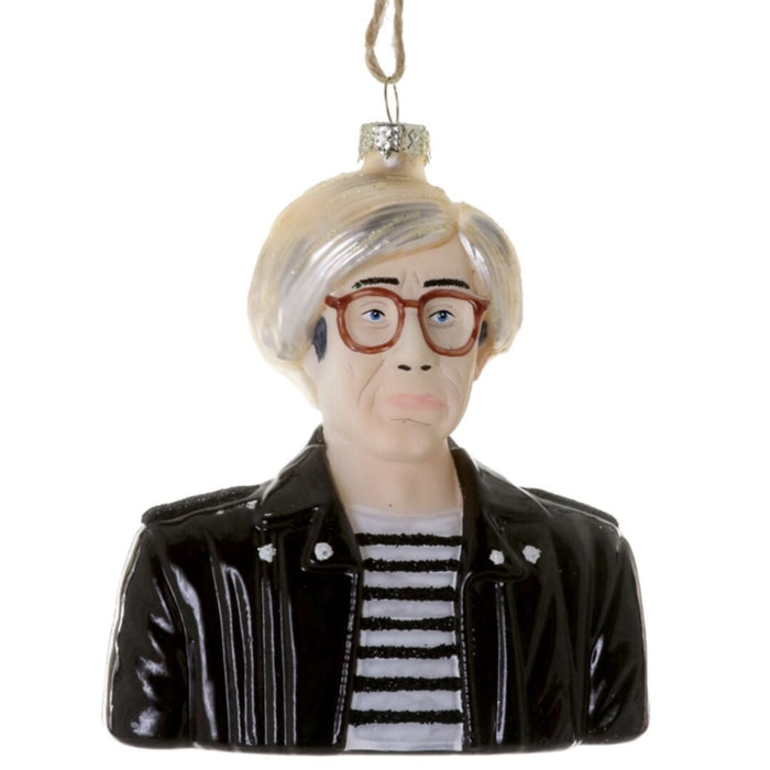 Andy Warhol glass Christmas ornament with silver hair, glasses, striped shirt, black jacket, and glitter details