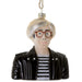 Andy Warhol glass Christmas ornament with silver hair, glasses, striped shirt, black jacket, and glitter details