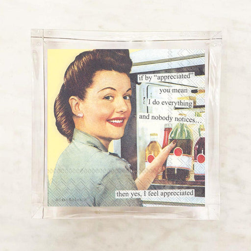 Anne Taintor Appreciated cocktail napkins, set of 20, shown in acrylic napkin holder