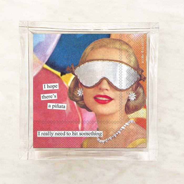 Anne Taintor I Hope There's a Piñata cocktail napkins in acrylic holder, retro woman in sleep mask with humor caption