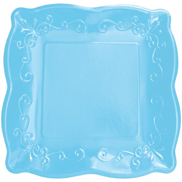 Azure blue square dinner paper plates with scalloped edge and embossed detail