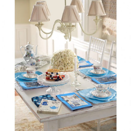Azure blue paper plates used in an elegant table setting