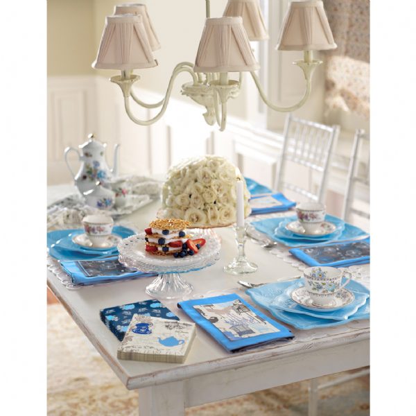 Azure blue paper plates used in an elegant table setting