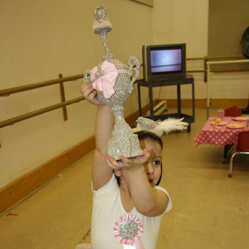 Llarge silver glitter trophy with a pink bow and ribbon in a dance studio.