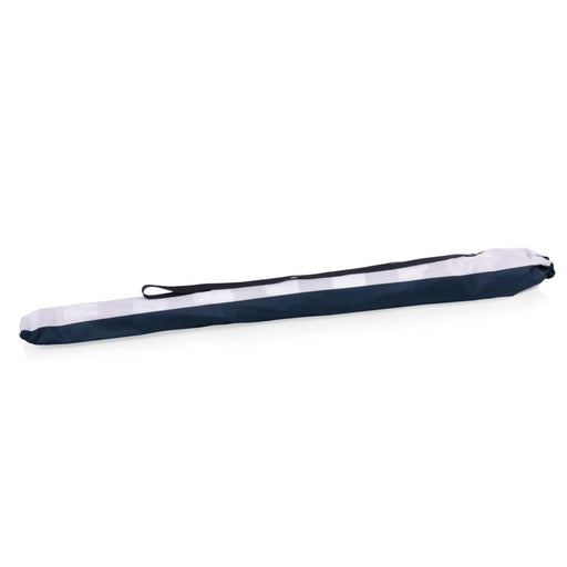 Navy and white cabana stripe beach umbrella with steel pole and outdoor sunshade canopy