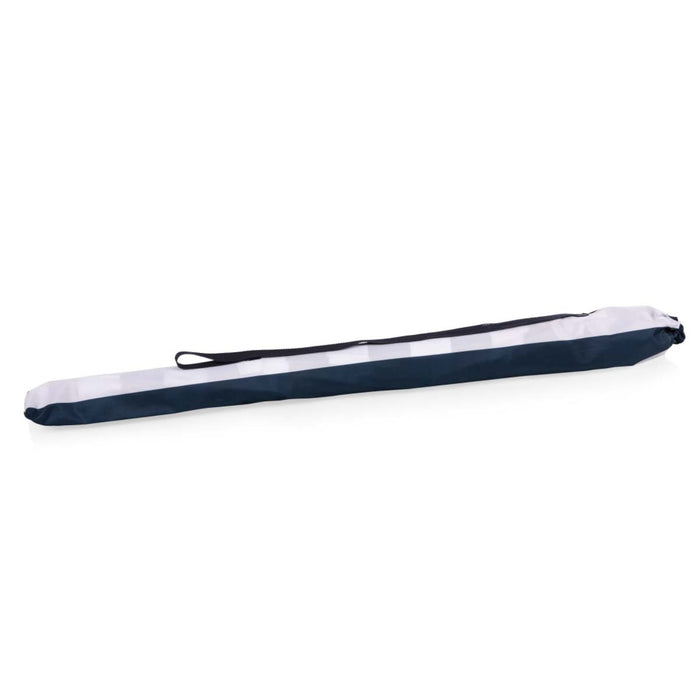 Navy and white cabana stripe beach umbrella with steel pole and outdoor sunshade canopy
