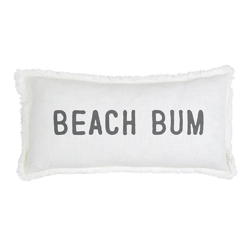 White Beach Bum lumbar pillow cover with charcoal gray lettering and fringed edges