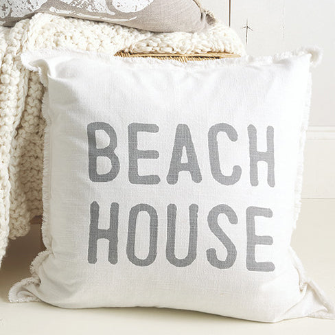 White 26 inch Beach House cotton throw pillow with gray lettering and feather insert