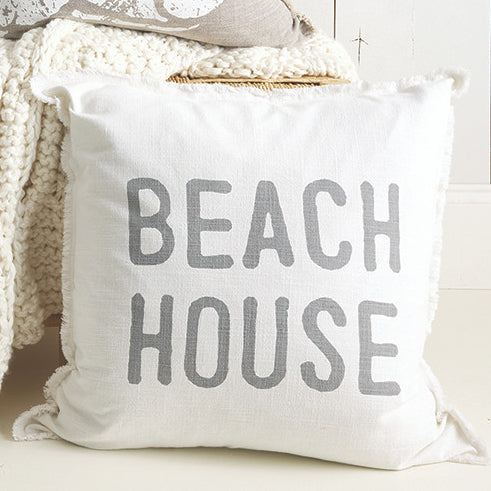 White 26 inch Beach House cotton throw pillow with gray lettering and feather insert