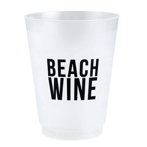 Frosted plastic Beach Wine cup with bold black lettering for beach days and summer entertaining