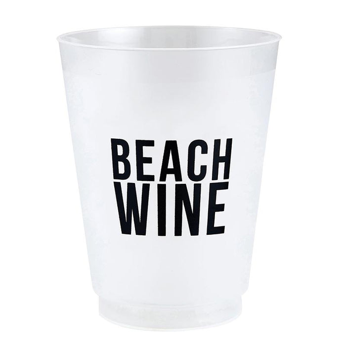 Frosted plastic Beach Wine cup with bold black lettering for beach days and summer entertaining