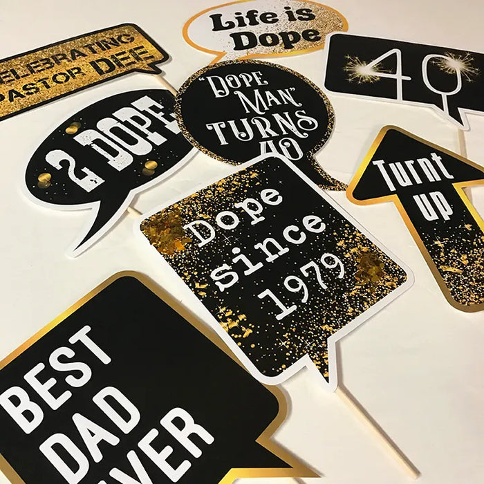 Black and gold birthday printable photo booth props detail showing Best Dad Ever and Dope since prop designs