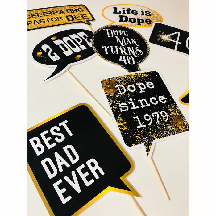 Black and gold birthday printable photo booth props closeup showing speech bubble and arrow designs
