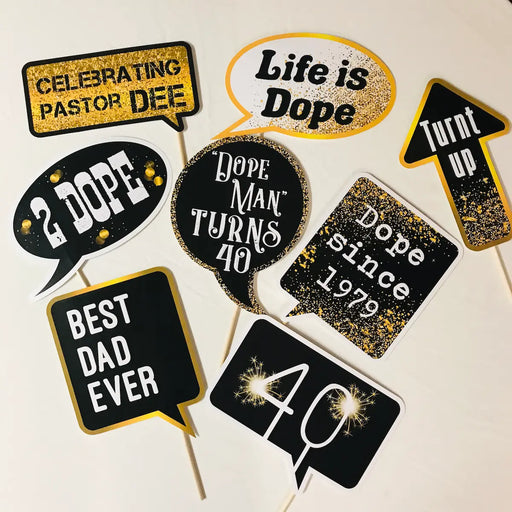 Black and gold birthday printable photo booth props set of 8 with custom speech bubbles