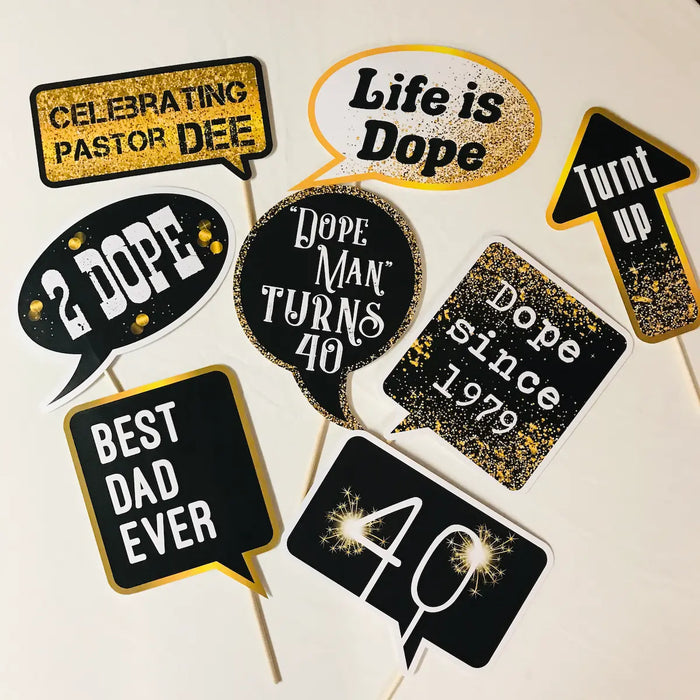 Black and gold birthday printable photo booth props set of 8 with custom speech bubbles