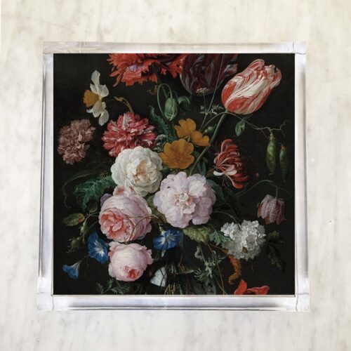 Blossoms Romance luncheon paper napkin showing dark background Dutch master floral design with tulips roses and peonies