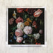 Blossoms Romance luncheon paper napkin showing dark background Dutch master floral design with tulips roses and peonies