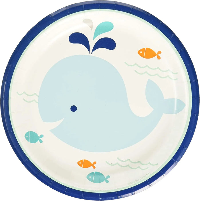 Blue whale dessert paper plate with orange and aqua fish, 7 inch ocean-themed party plate