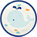 Blue whale dessert paper plate with orange and aqua fish, 7 inch ocean-themed party plate