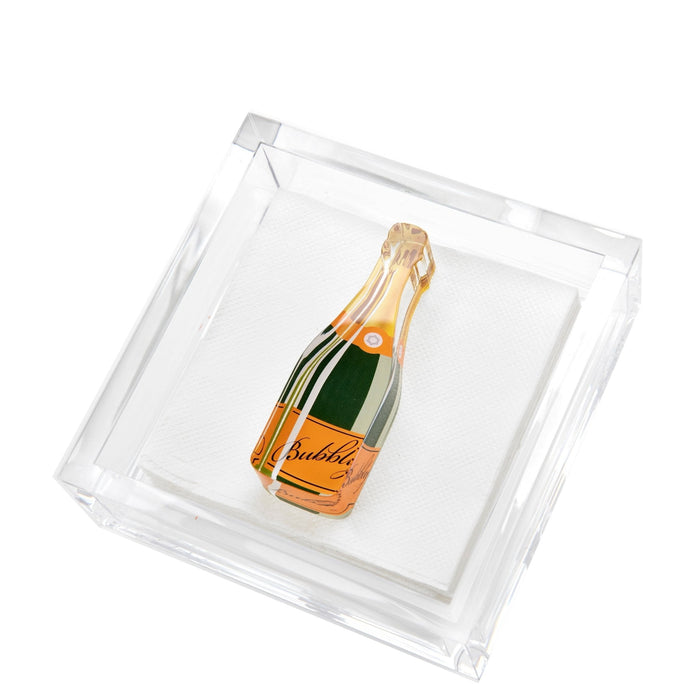 Champagne bottle with 'Bubbly' text on a clear square coaster