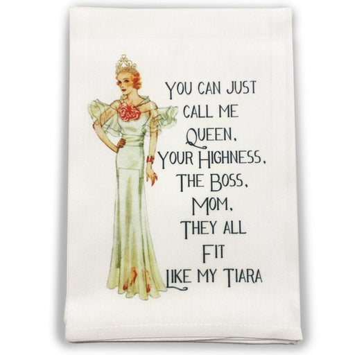 White cocktail towel with retro queen illustration and You Can Just Call Me Queen quote