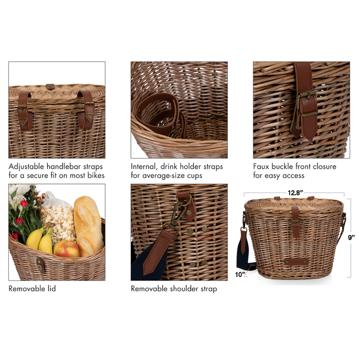 Cambridge bicycle basket feature details showing handlebar straps, drink holder, faux buckle closure, removable lid, shoulder strap, and dimensions
