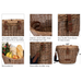 Cambridge bicycle basket feature details showing handlebar straps, drink holder, faux buckle closure, removable lid, shoulder strap, and dimensions