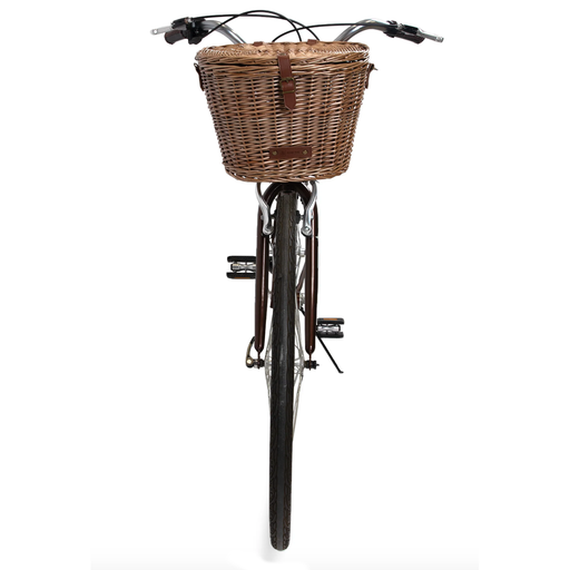 Cambridge wicker bicycle basket mounted on handlebars, front view