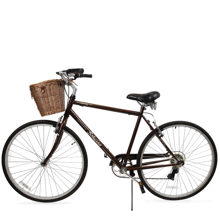 Cambridge wicker handlebar bicycle basket on vintage brown bike, open top, side view