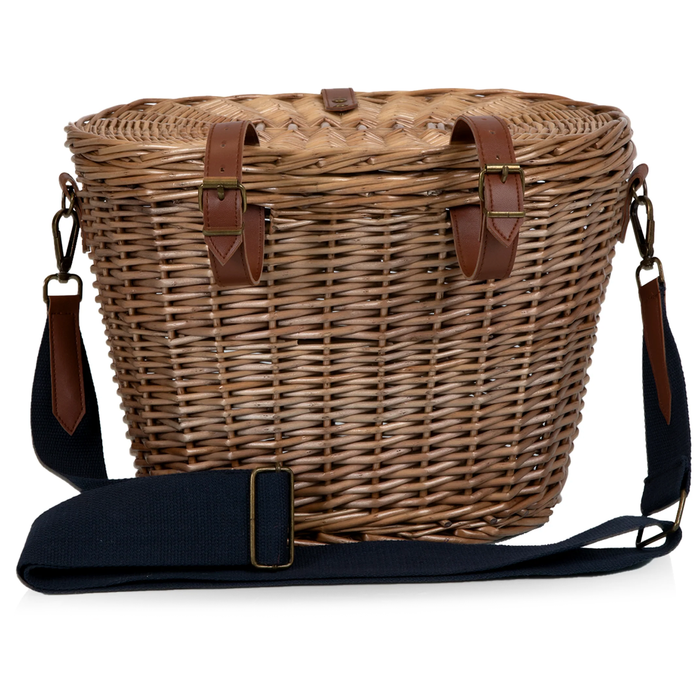 Cambridge wicker bicycle basket with removable lid, leather buckle straps, and navy detachable shoulder strap