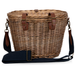 Cambridge wicker bicycle basket with removable lid, leather buckle straps, and navy detachable shoulder strap