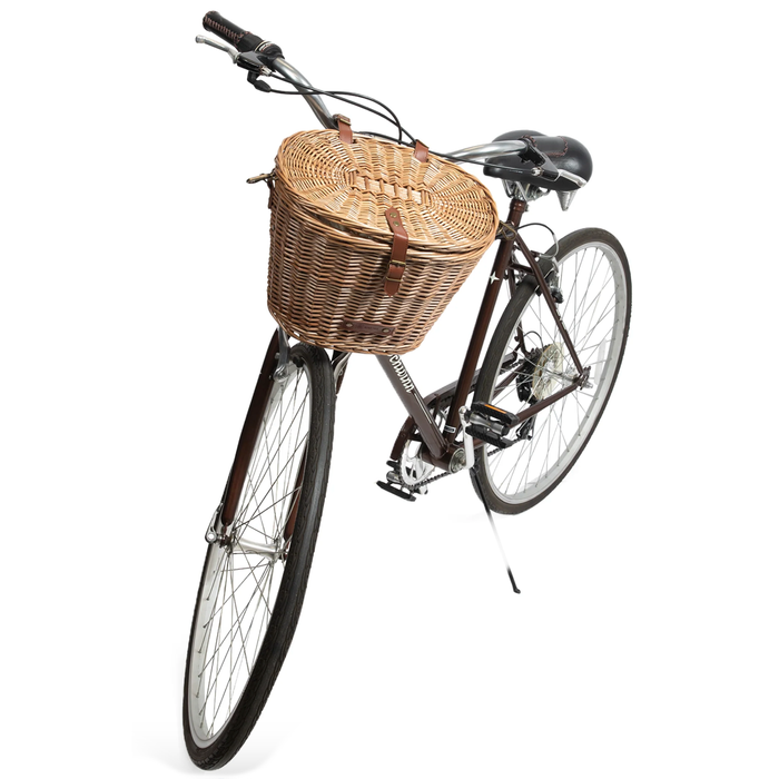 Cambridge wicker bicycle basket with removable lid, side angle view on vintage bike