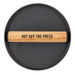 Cast Iron Meat Press for Smash Burgers — round cast iron press with Hot Off The Press engraved wood handle, top-down view