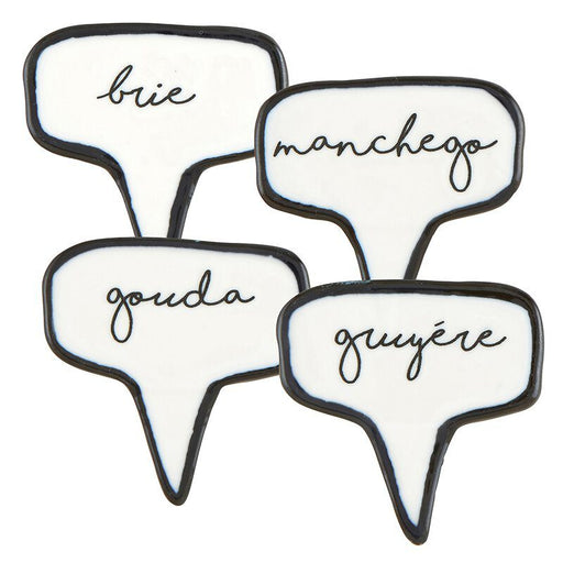 Ceramic Cheese Markers set of 4 — speech bubble shaped ceramic markers labeled Brie, Manchego, Gouda, and Gruyere in black and white
